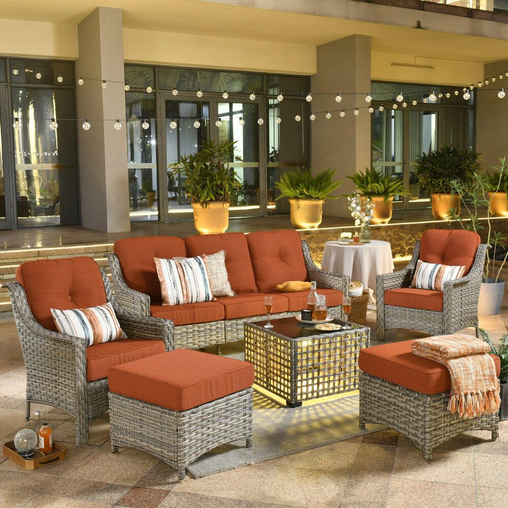 HOMLUX 5-Piece Patio Conversation Set with Two Ottomans in Orange Red, , large