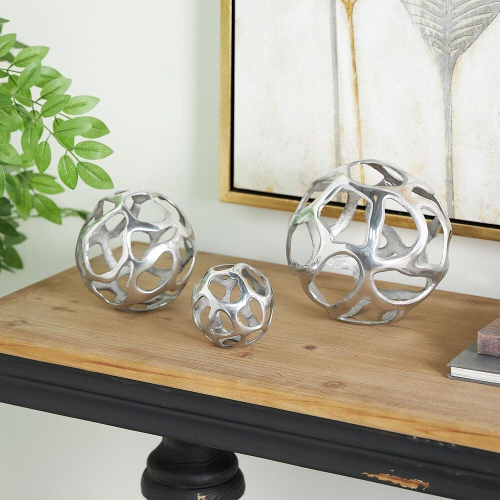 Maple and Jade 3-Piece Abstract Cutout Orb Decorative Sculpture Set in Silver, , large