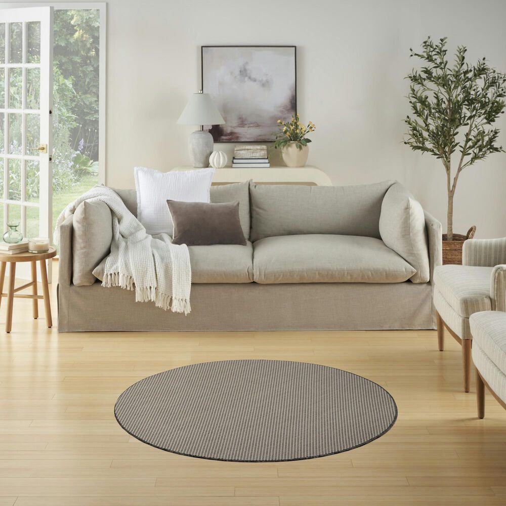 Nourison Courtyard Ivory and Charcoal 4&#39; Round Indoor/Outdoor Area Rug, , large