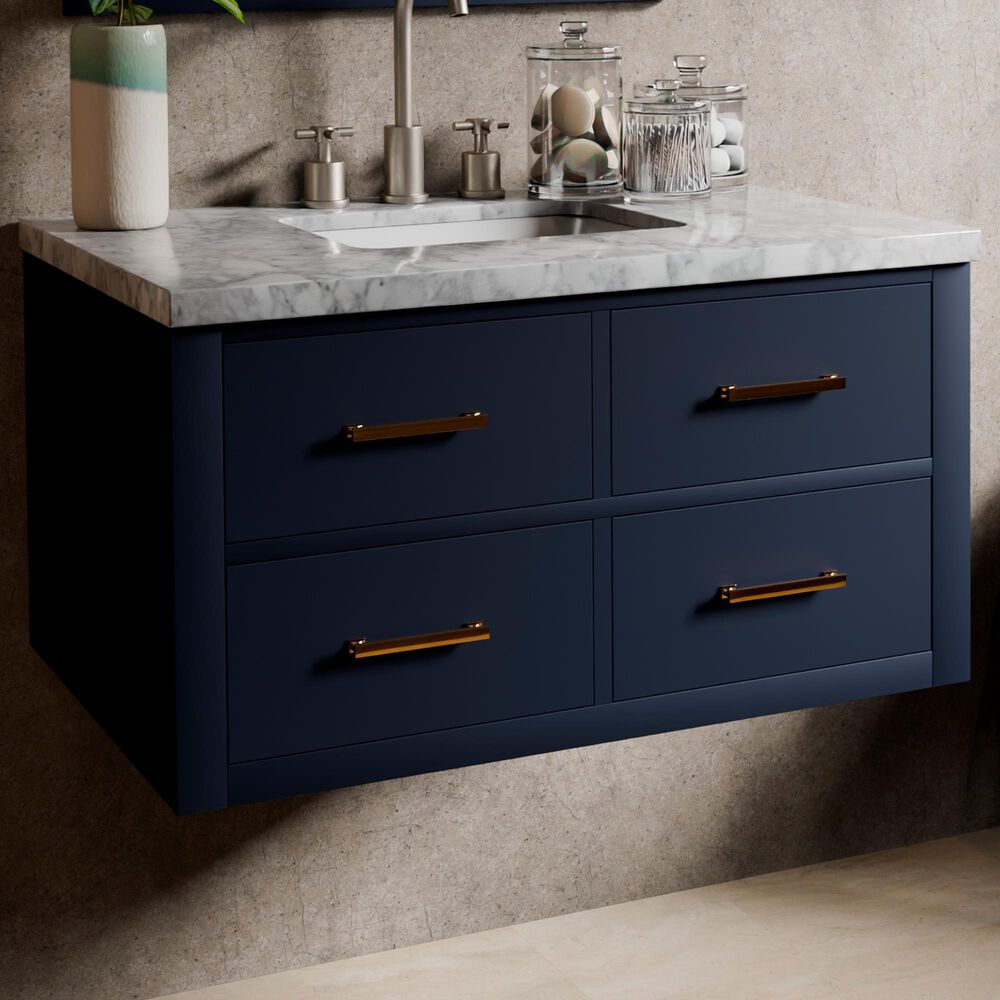 Lexora Home Castor 36" Single Bathroom Vanity in Blue with 2 cm White Carrara Marble Top and Rectangular Sink, , large