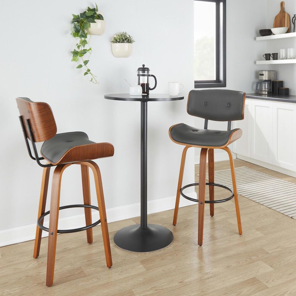 LumiSource Lombardi 30" Swivel Barstool with Grey Faux Leather Upholstery in Walnut and Black (Set of 2), , large