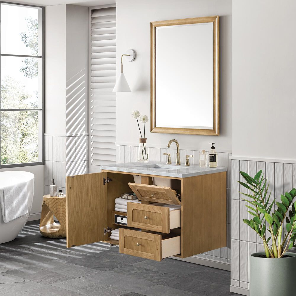 James Martin Vanities Laurent 36" Single Bathroom Vanity in Light Natural Oak with 3 cm Victorian Silver Quartz Top and Rectangular Sink, , large