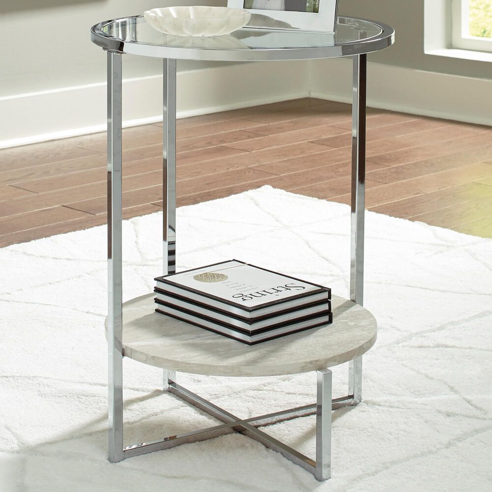 Signature Design by Ashley Bodalli Round End Table in Faux Travertine Marble and Chrome, , large