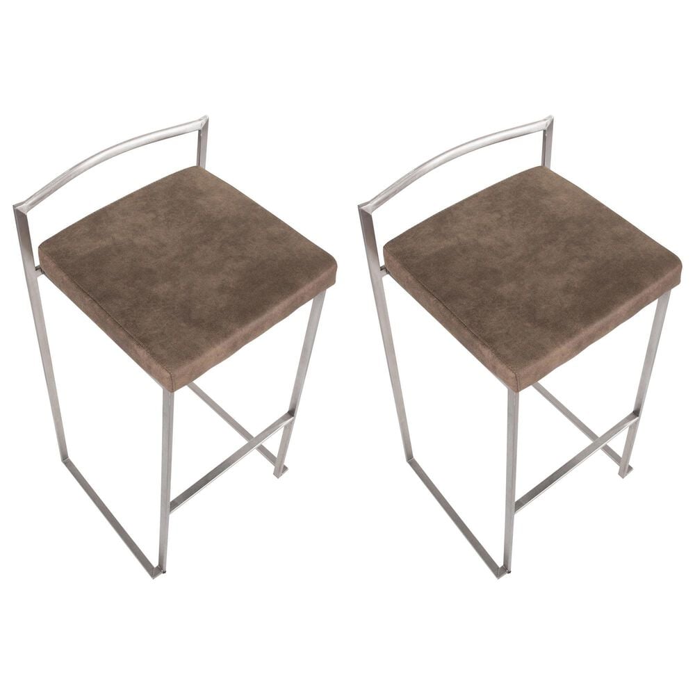LumiSource Fuji 30" Stacker Bar Stool with Brown Cowboy Upholstery in Stainless Steel (Set of 2), , large