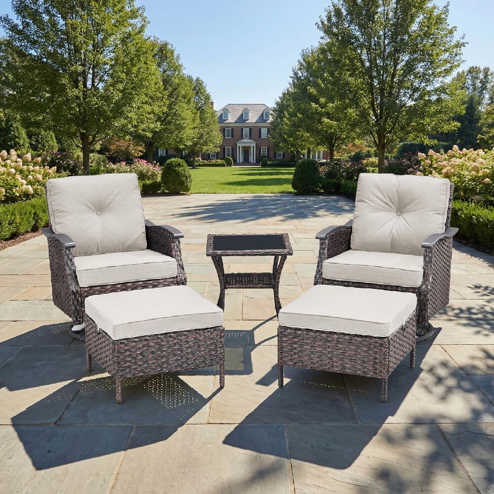 Sunwell Garden 17" Ottoman with Beige Cushion and Round Legs in Brown (Set of 2), , large