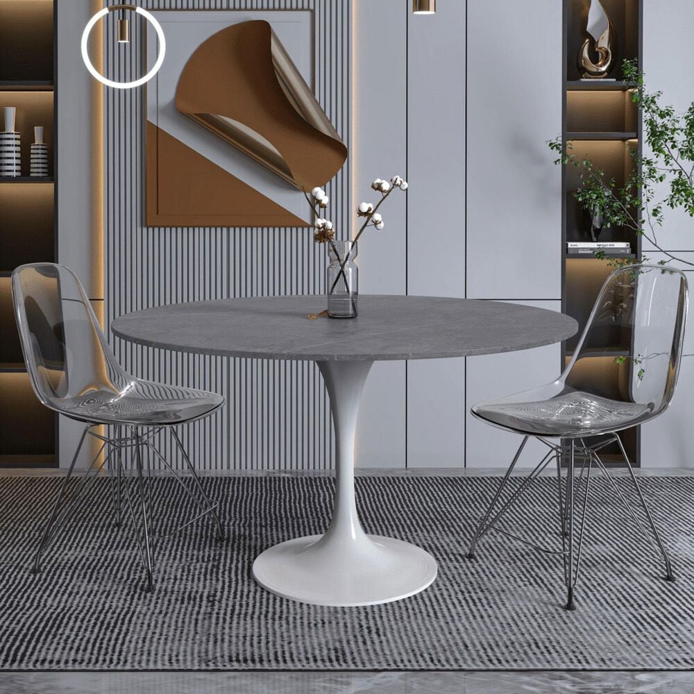 Leisuremod LeisureMod Verve Collection 48 Round Dining Table, White Base with Sintered Stone Grey Top, , large