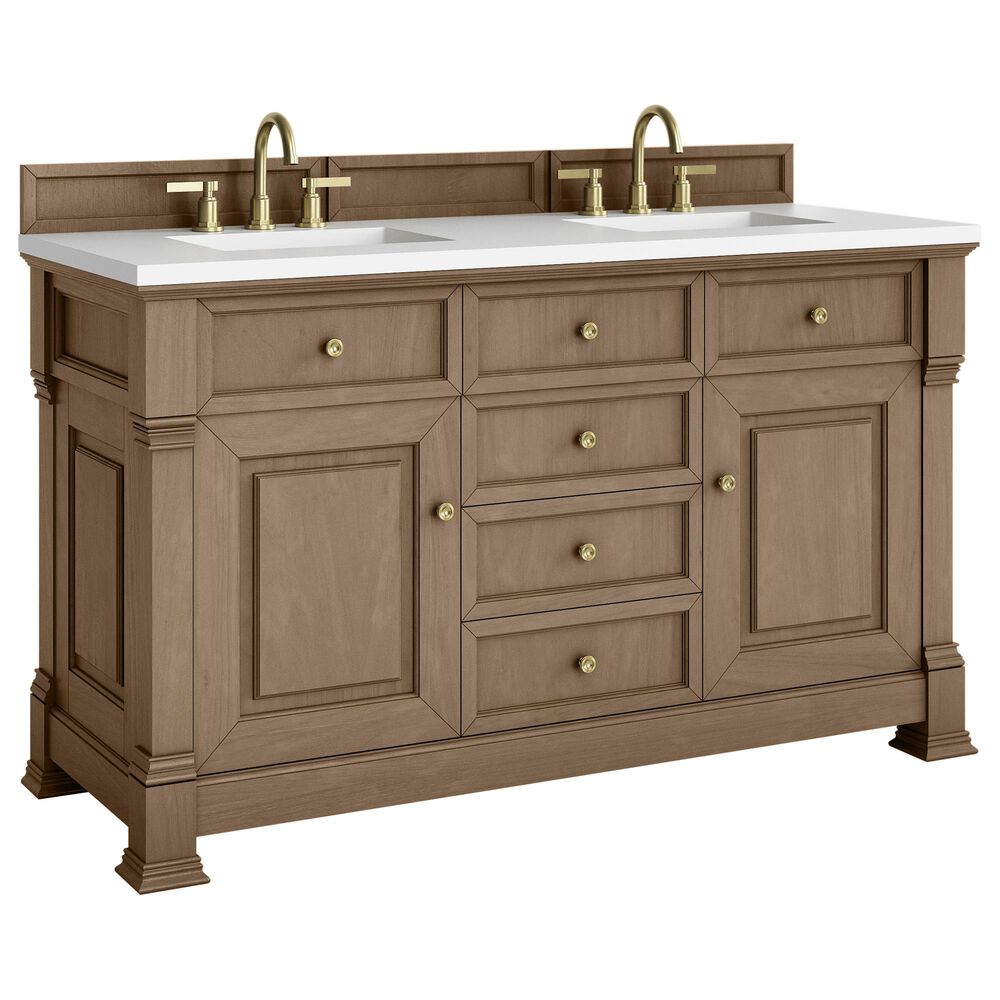 James Martin Vanities Brookfield 60" Double Bathroom Vanity in Pecan with 3 cm White Zeus Quartz Top and Rectangular Sinks, , large