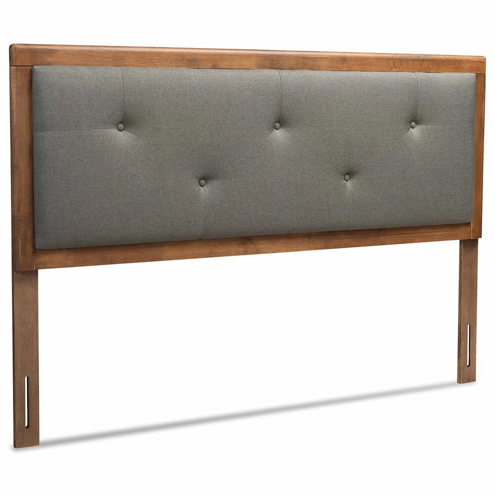 Baxton Studio Abner King Panel Headboard with Dark Grey Fabric in Walnut Brown, , large