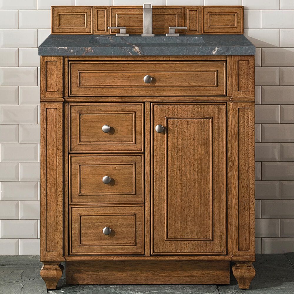 James Martin Vanities Bristol 30&quot; Single Bathroom Vanity in Saddle Brown with 3 cm Parisien Bleu Quartz Top and Rectangular Sink, , large