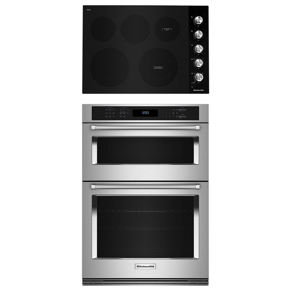Kitchenaid 2-Piece Kitchen Package with PrintShield Stainless Steel 30" Combination Microwave Wall Oven and Black 30" Electric Cooktop, , large
