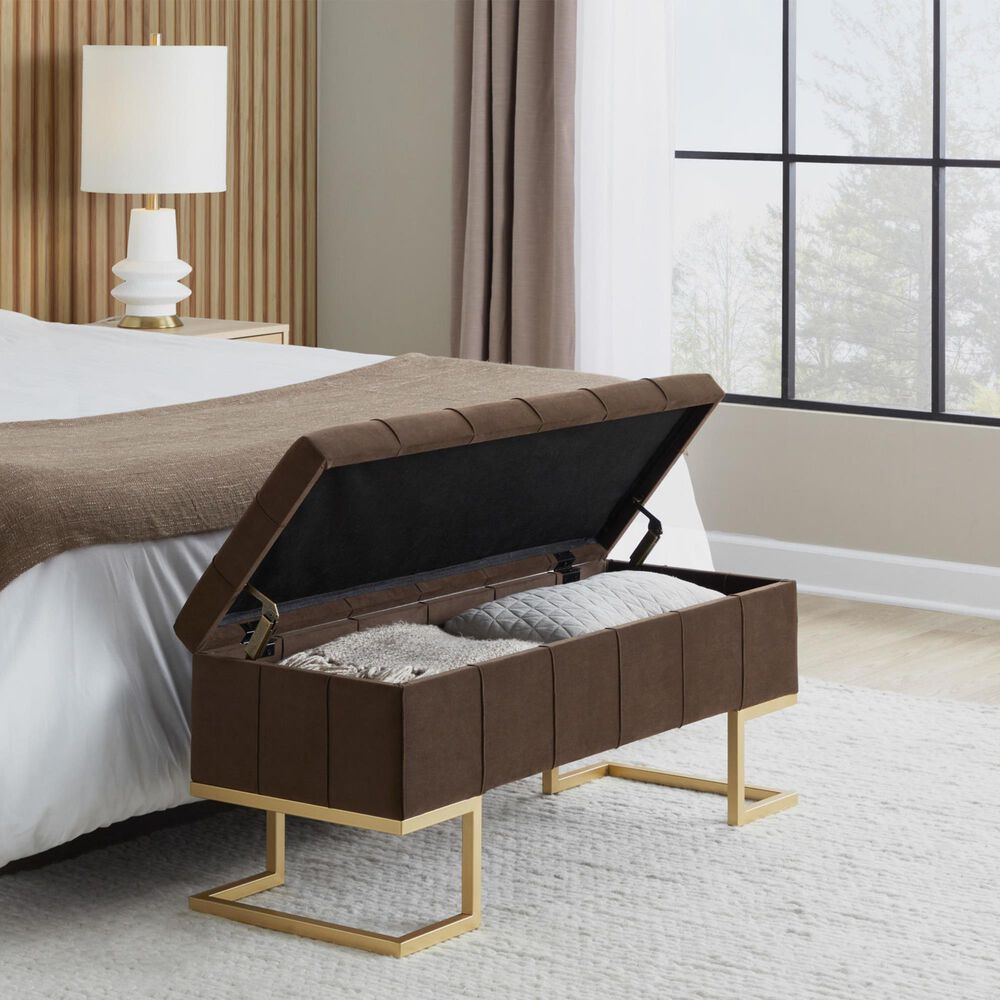 LumiSource Midas Storage Bench with Brown Velvet Cushion in Gold, , large