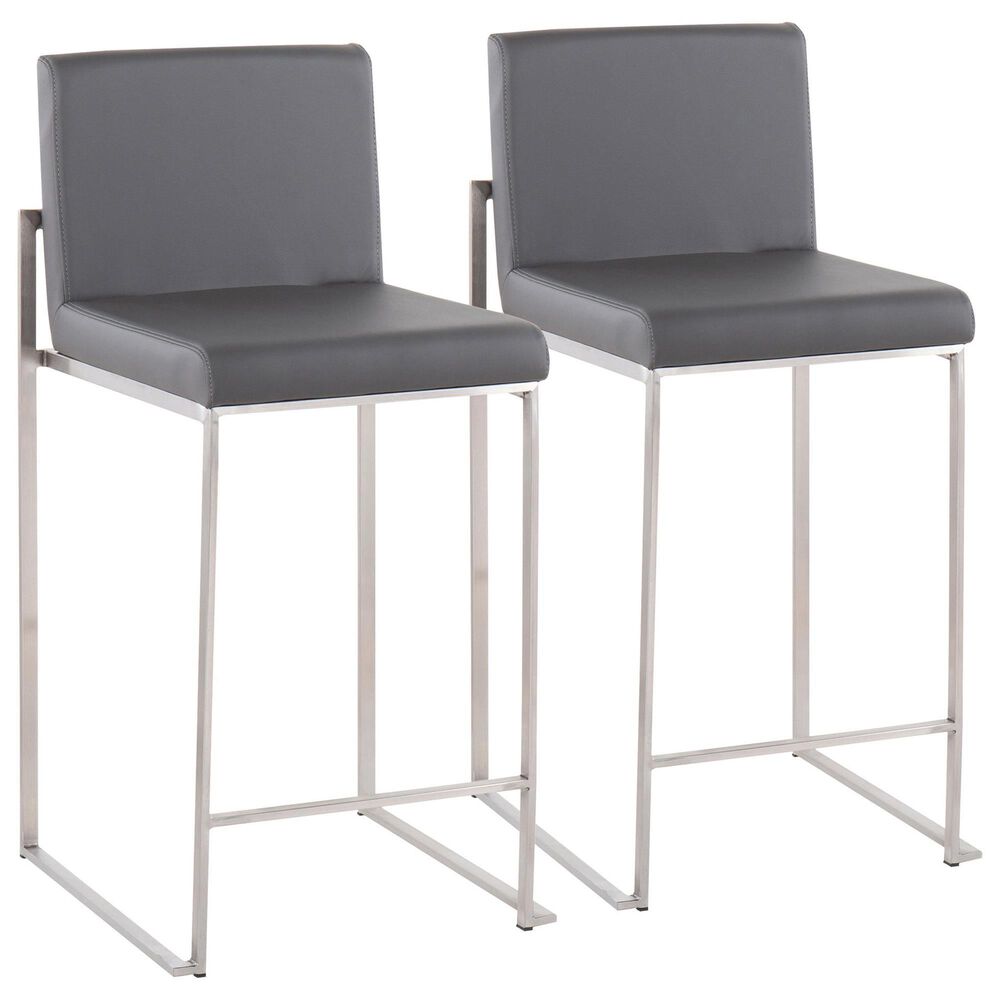 Lumisource Fuji Stackable Counter Stool with Grey Faux Leather Cushion in Brushed Stainless Steel (Set of 2), , large