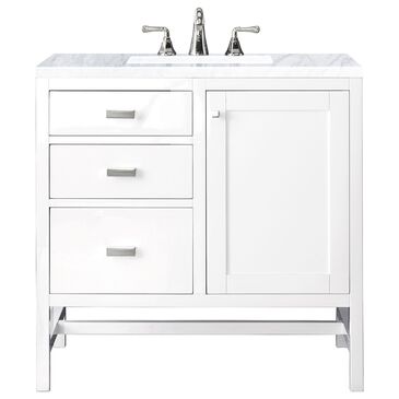 James Martin Addison 36" Single Bathroom Vanity in Glossy White with 3 cm Carrara White Marble Top and Rectangular Sink, , large