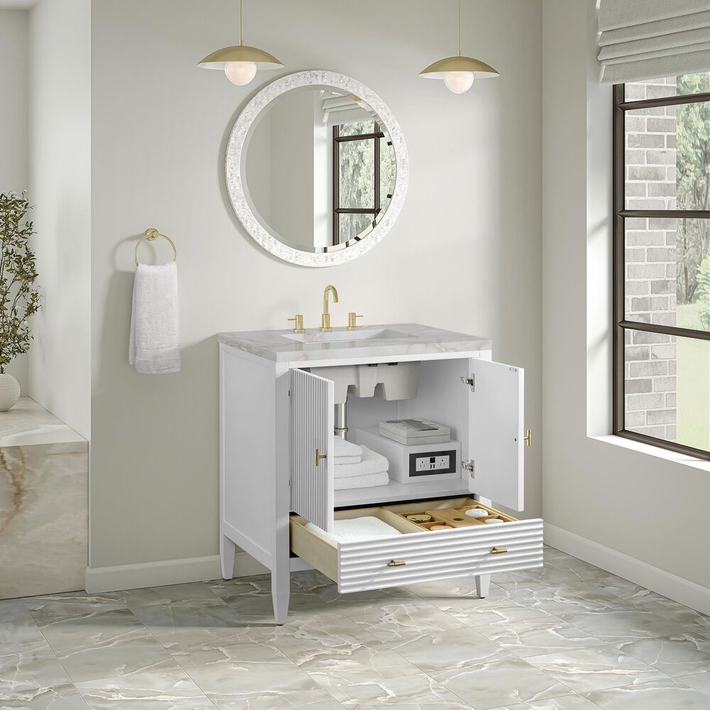 James Martin Myrrin 30" Single Bathroom Vanity in Bright White with 3 cm Victorian Silver Silestone Top and Rectangular Sink, , large