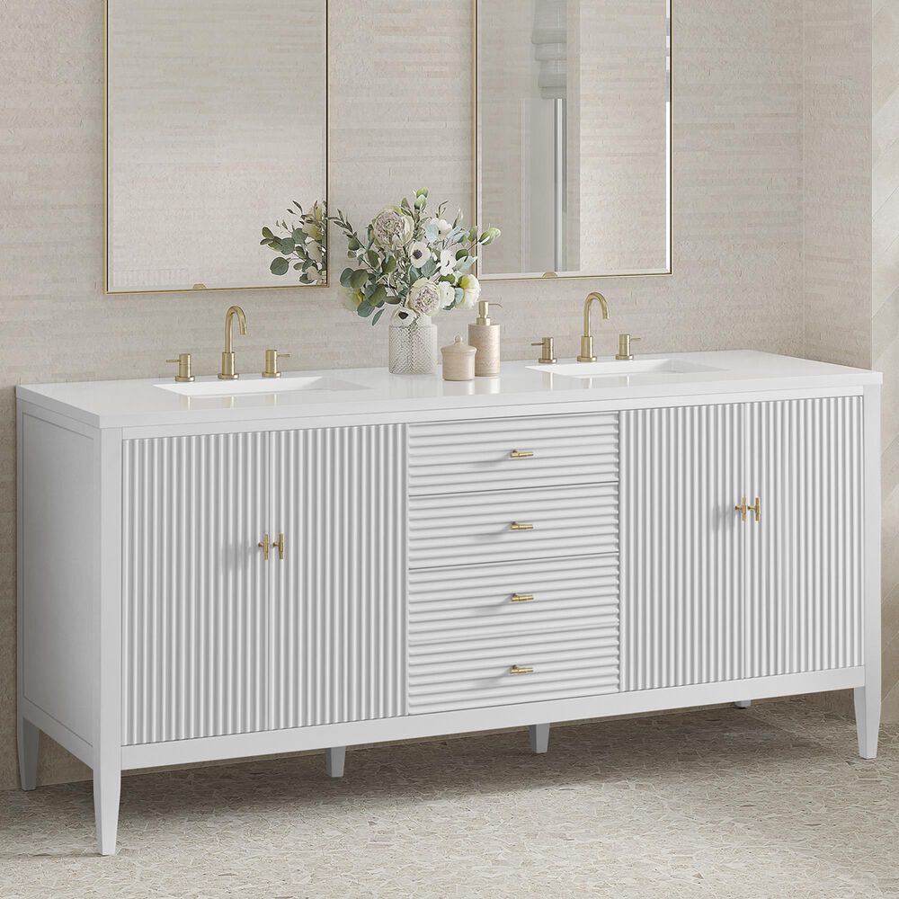 James Martin Vanities Myrrin 72&quot; Double Vanity in Bright White with 3 cm White Zeus Quartz Top, , large