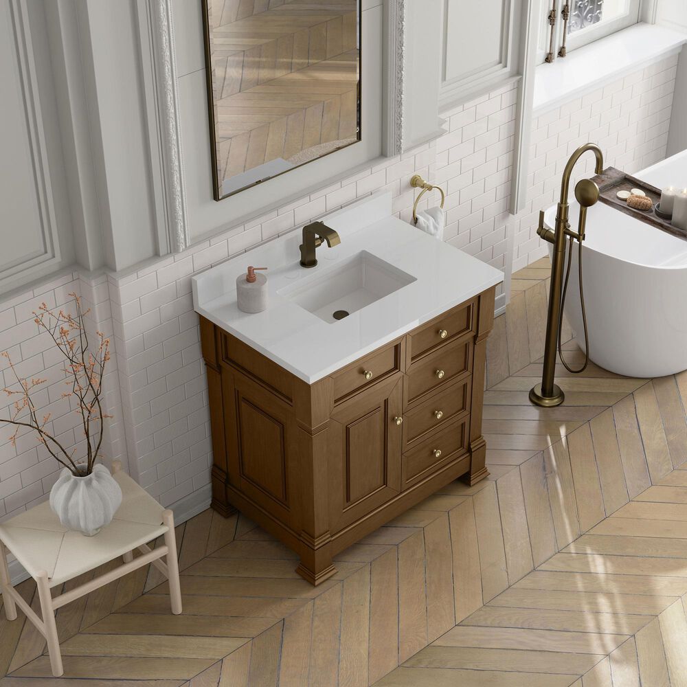 James Martin Vanities Brookfield 36&quot; Single Bathroom Vanity in Honey Oak with Single Hole 3 cm White Zeus Quartz Top and Rectangular Sink, , large