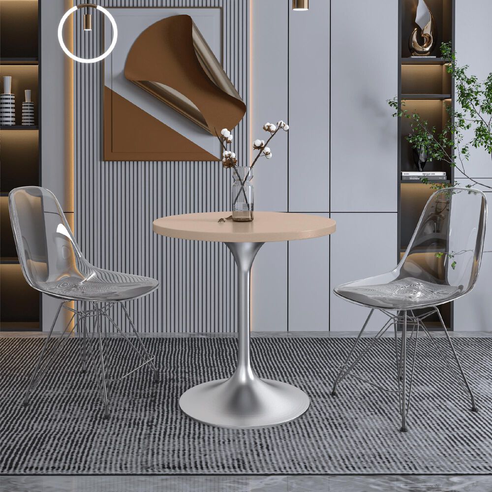 Leisuremod LeisureMod Verve Collection 27 Round Dining Table, Brushed Chrome Base with Light Natural Wood MDF Top, , large