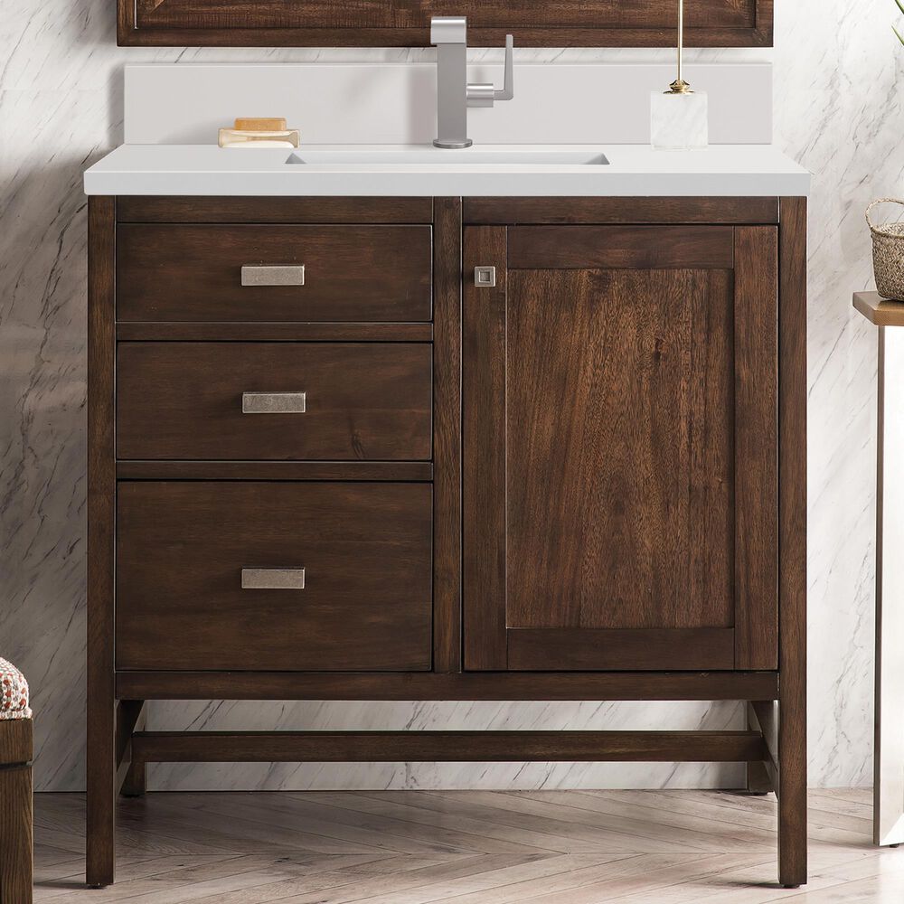 James Martin Vanities Addison 36&quot; Single Bathroom Vanity in Mid-Century Acacia with Single Hole 3 cm White Zeus Quartz Top and Rectangular Sink, , large