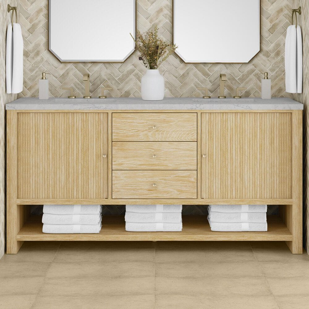 James Martin Vanities Marigot 72" Double Bathroom Vanity in Sunwashed Oak with 3 cm Eternal Jasmine Pearl Quartz Top, Rectangular Sinks and FreePower Wireless Charger, , large
