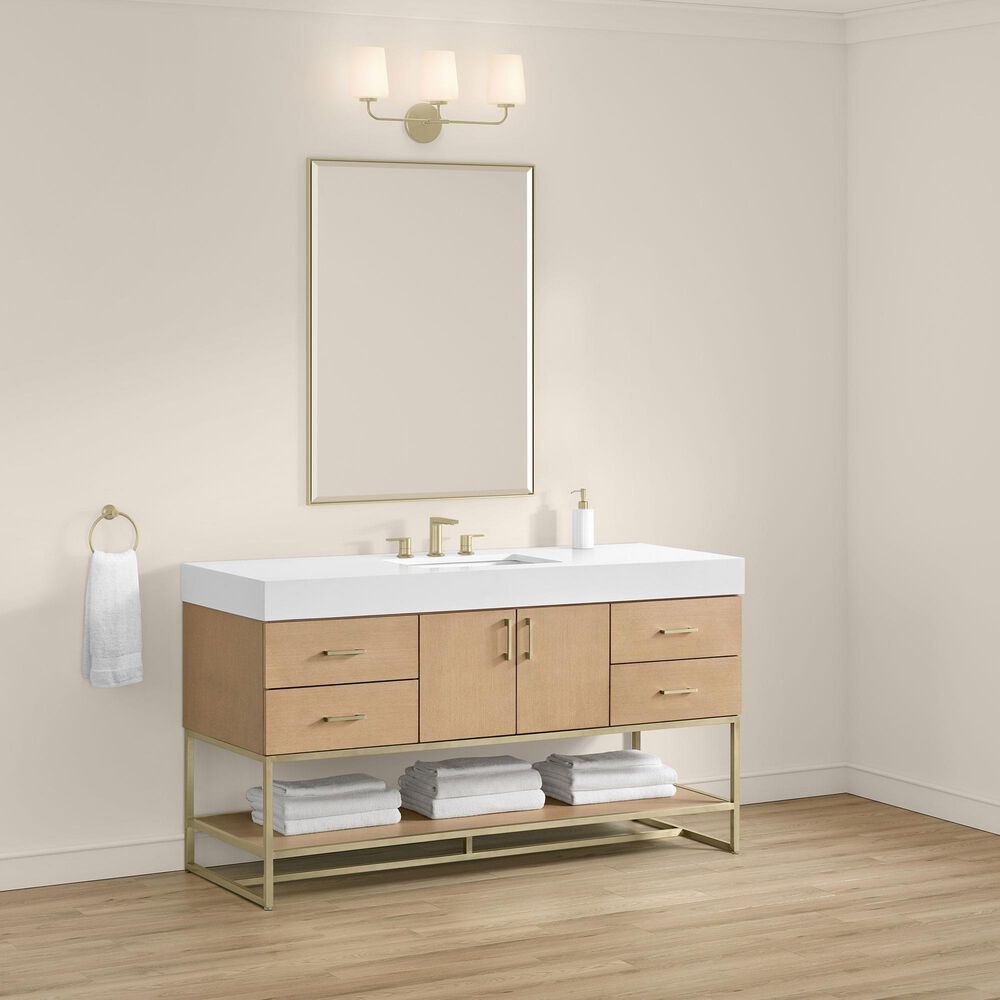 37B Mauri 60" Single Bathroom Vanity with Metal Base in Warm Oak and White Composite Stone Top, , large