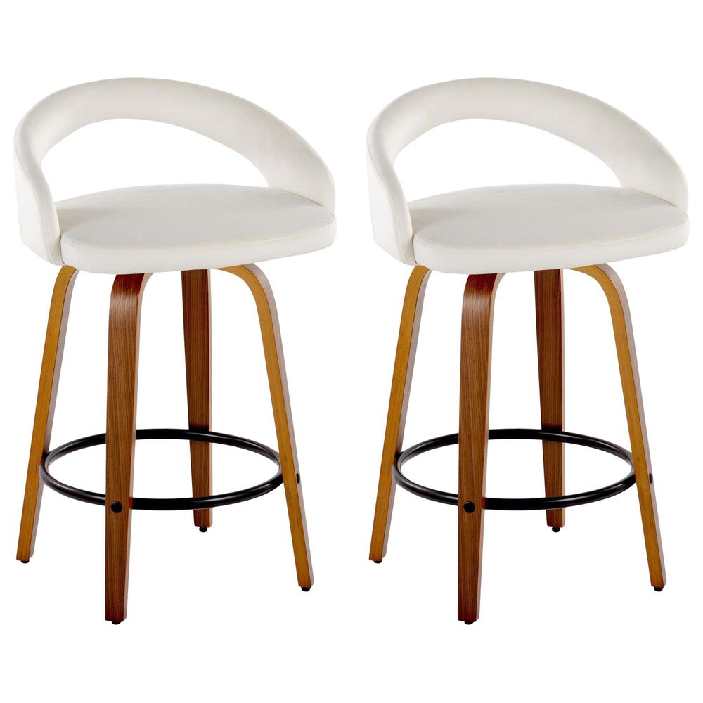 LumiSource Grotto Swivel Counter Stool with White Velvet Upholstery in Walnut Wood and Black (Set of 2), , large