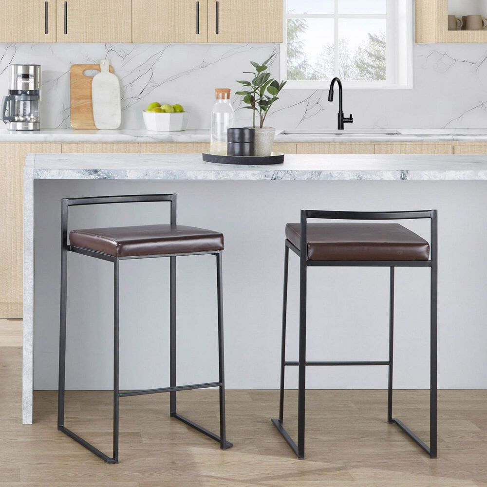 Lumisource Fuji Stackable Counter Stool with Brown Faux Leather Cushion in Black &#40;Set of 2&#41;, , large
