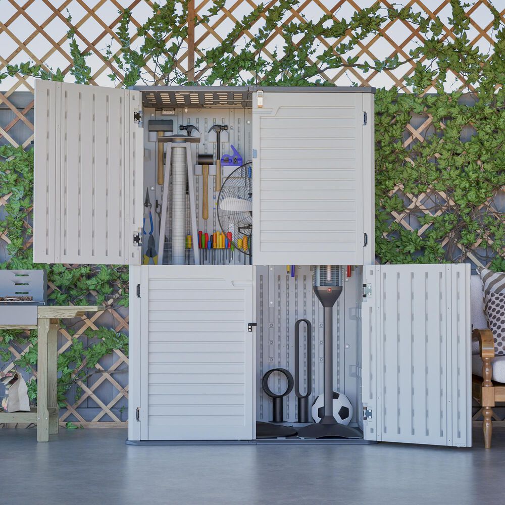 Hearth and Haven Outdoor Rust-Resistant Plastic Storage Shed with Adjustable Partition Design in White, , large