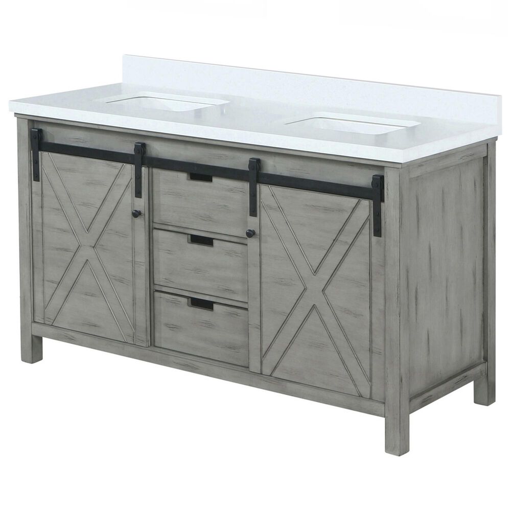 Lexora Home Marsyas 60&quot; Double Bathroom Vanity in Ash Grey with White Quartz Top and Rectangular Sinks, , large