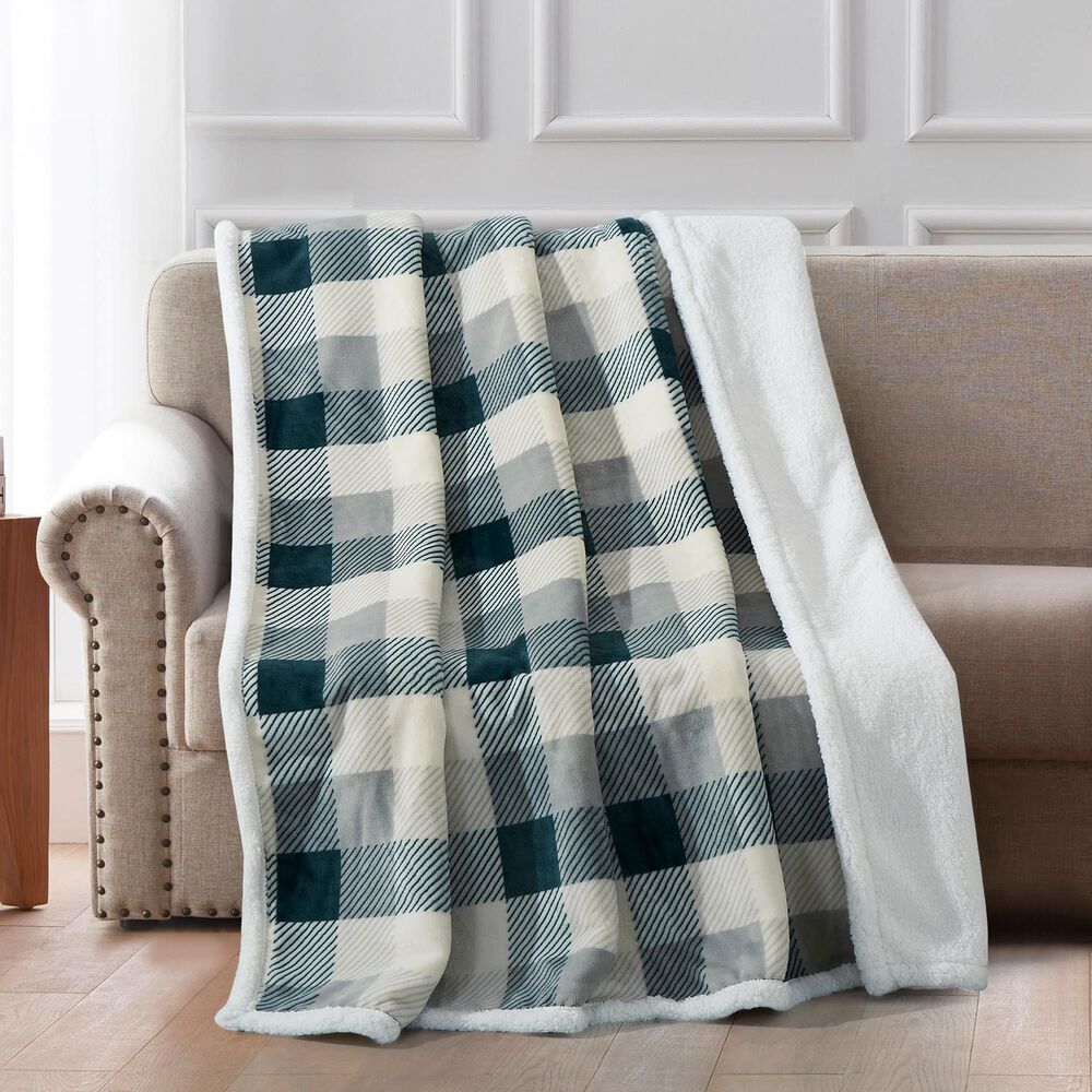 Duke Imports Flannel Sherpa Plaid Throw in Green and Grey, , large