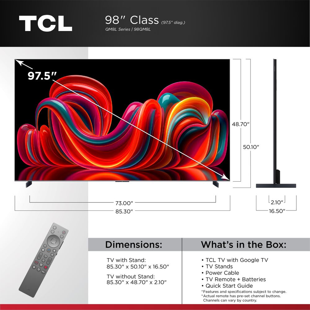 TCL 98" QM8L Series 4K UHD HDR SQD-Mini LED Smart TV with Google TV, , large