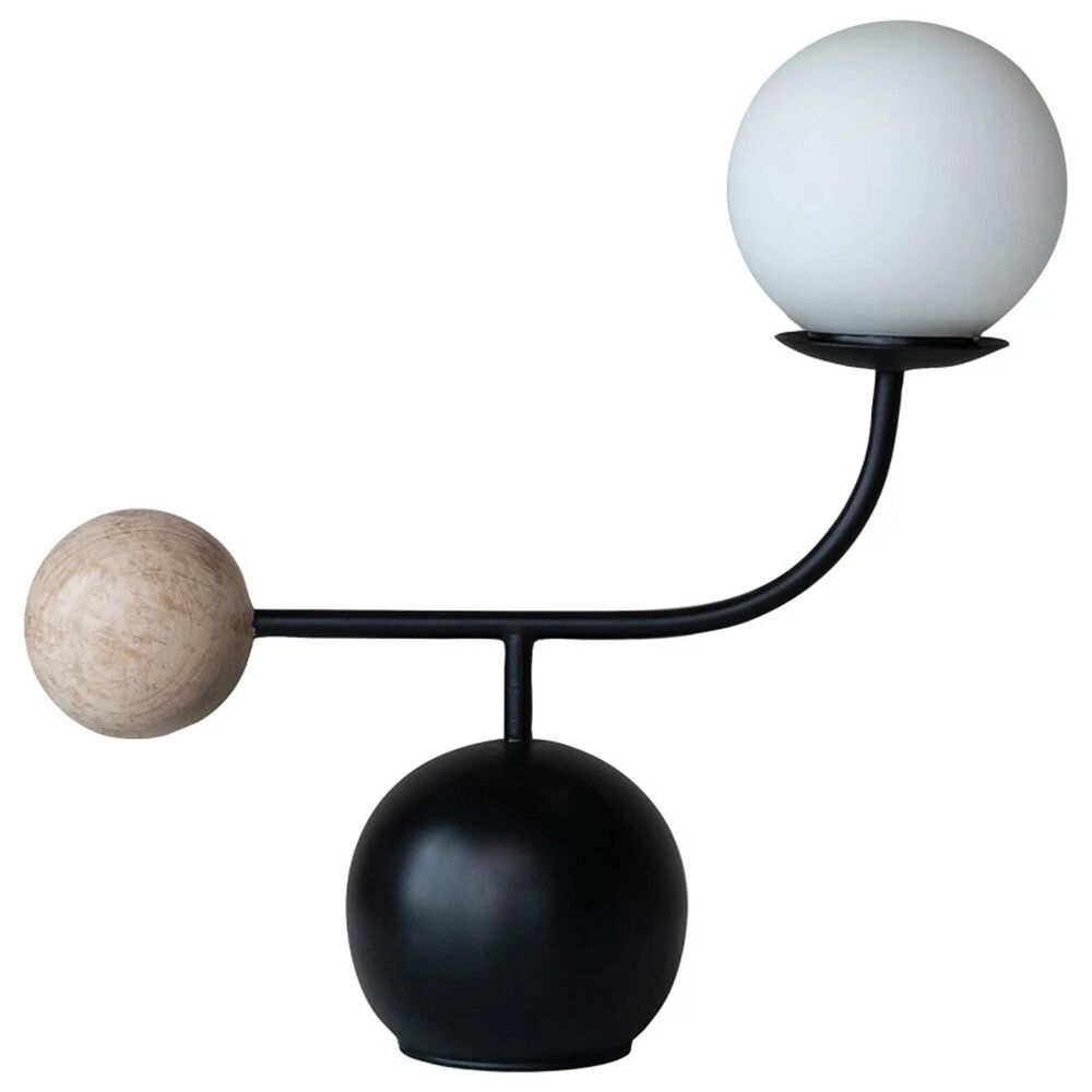 Teak Interiors Metal Table Lamp with Frosted Glass Globe, Wood Orb, Inline Switch in Matte Black and Patina, , large