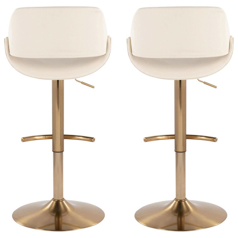 LumiSource Fabrico Swivel Adjustable Bar Stool with Cream Faux Leather Upholstery and Rounded T Footrest in Gold (Set of 2), , large