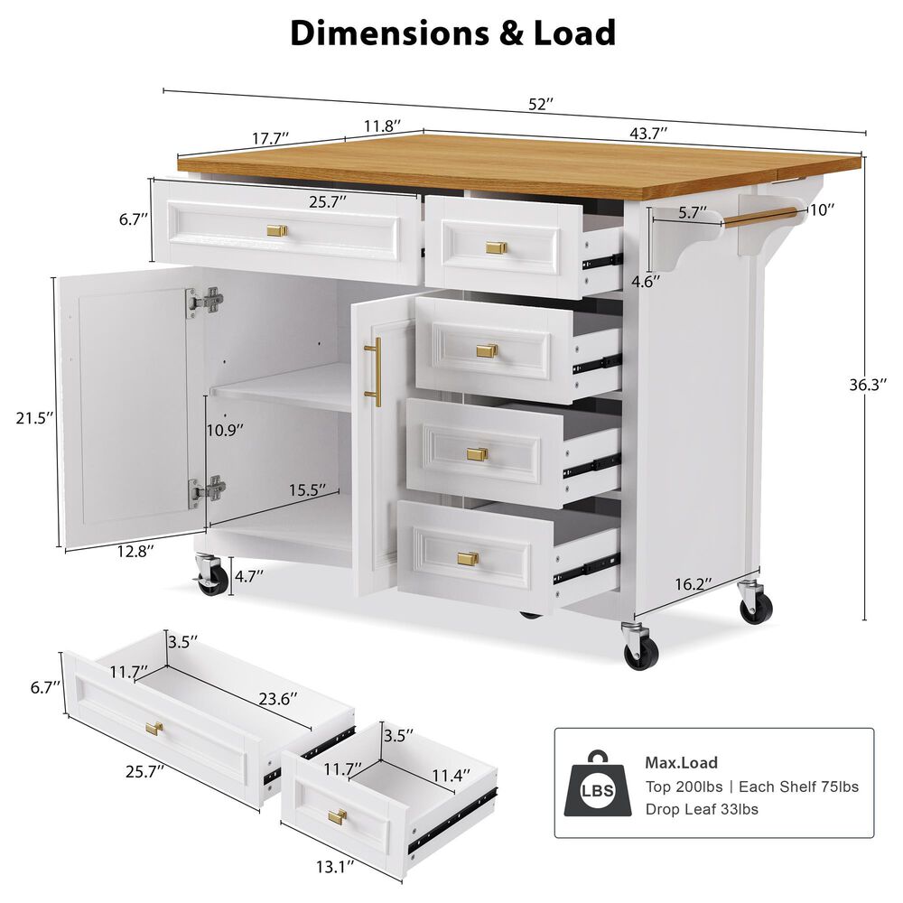HOMLUX 52" Kitchen Island with Drop Leaf in White, , large