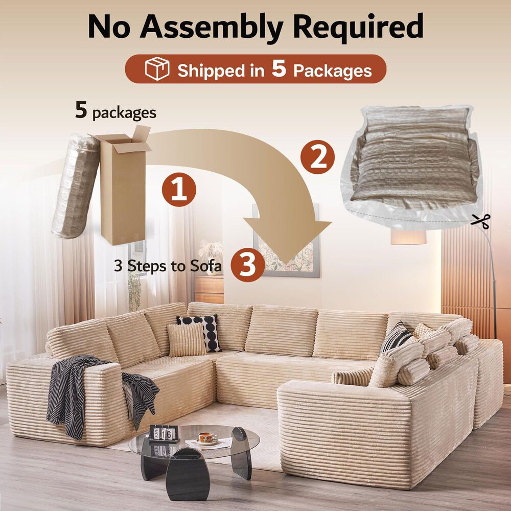 HOMLUX Modular Floor Sofa with Plush Corduroy, U-Shaped Sectional Couch with Chaise in Beige, , large