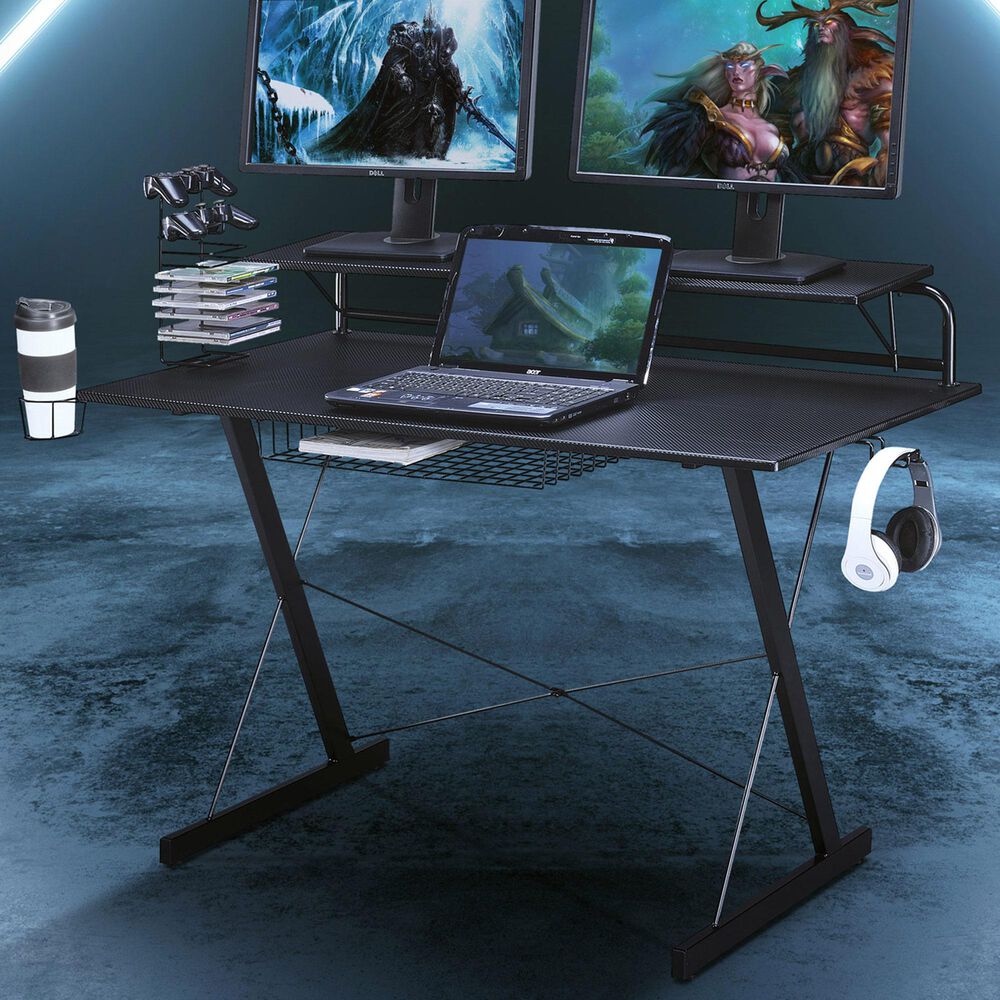 Rta Products Llc Carbon Computer Gaming Desk with Shelving in Black, , large