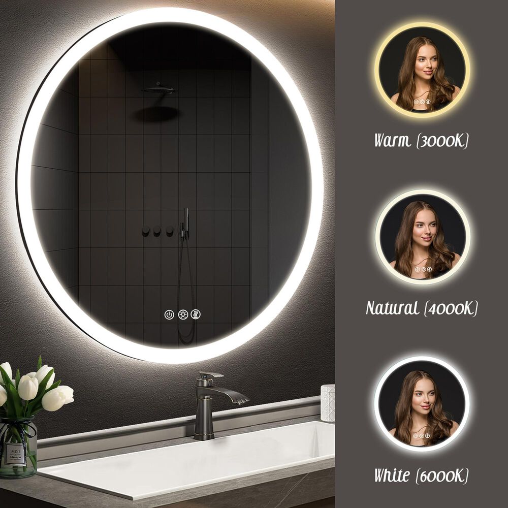 HOMLUX 28" Round LED Bathroom Vanity Mirror in Silver, , large