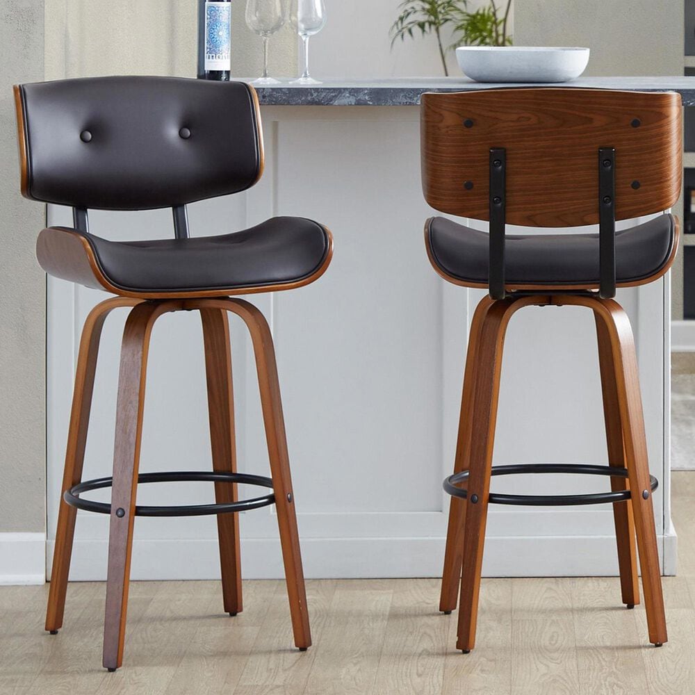 LumiSource Lombardi 30" Swivel Barstool with Espresso Faux Leather Upholstery in Walnut and Black (Set of 2), , large