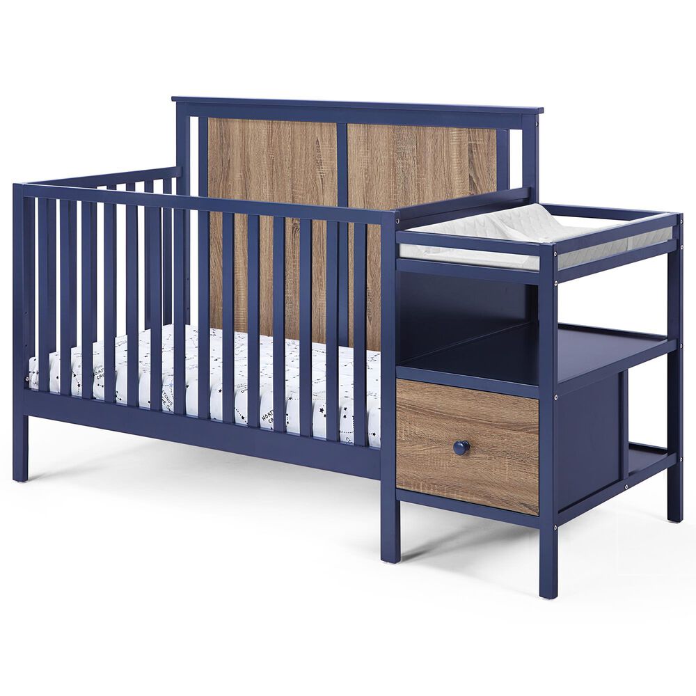 Hearth and Haven Connelly 4-In-1 Convertible Crib with Changer Combo in Midnight Blue and Vintage Walnut, , large