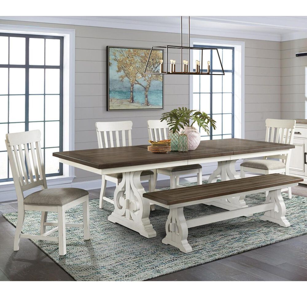 Hawthorne Furniture Drake Large Dining Table 1 Bench and 4 Chairs in Rustic White and French Oak, , large