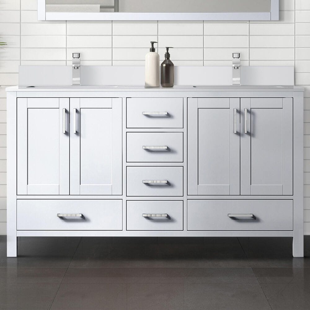 Lexora Home Jacques 60&quot; Double Bathroom Vanity in White with 2 cm White Quartz Top and Rectangular Sinks, , large