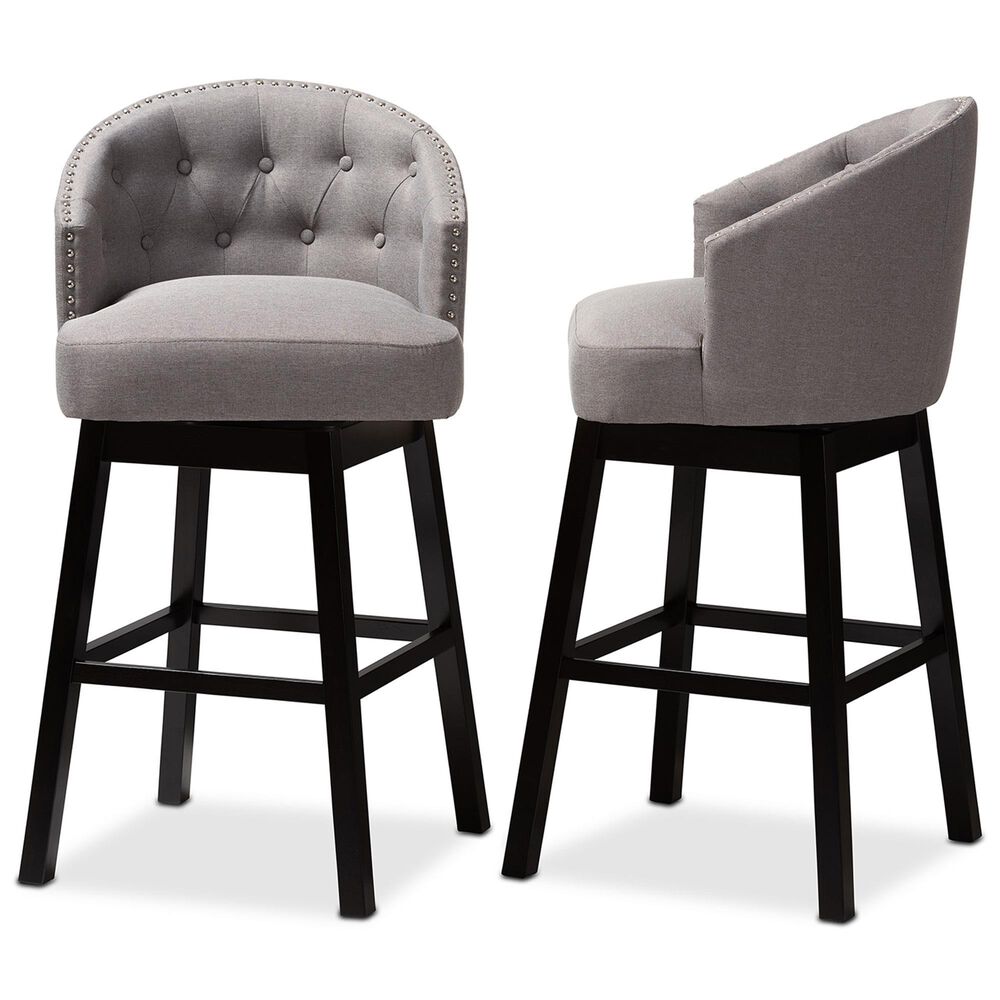 Baxton Studio Theron Swivel Bar Stool with Grey Cushion in Espresso (Set of 2), , large