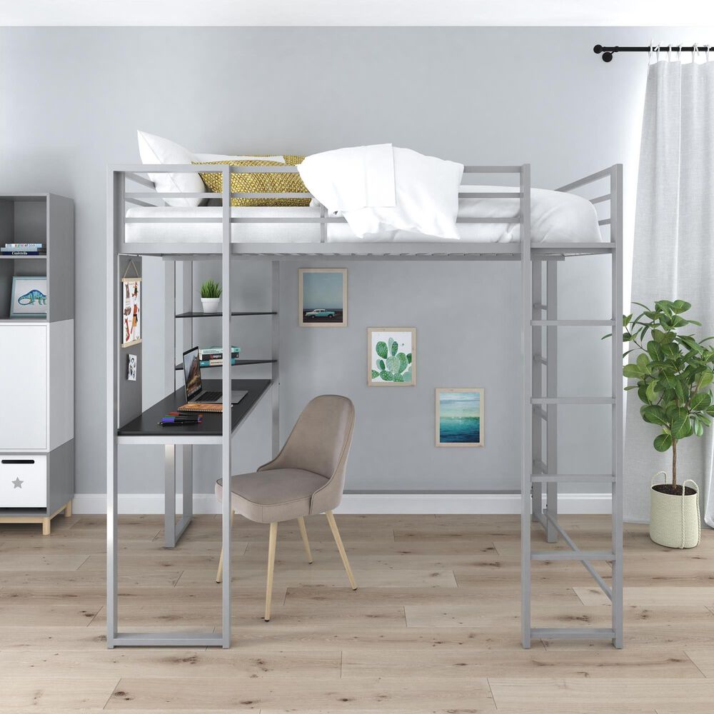 DHP Abode Full Metal Loft Bed with Desk in Silver, , large