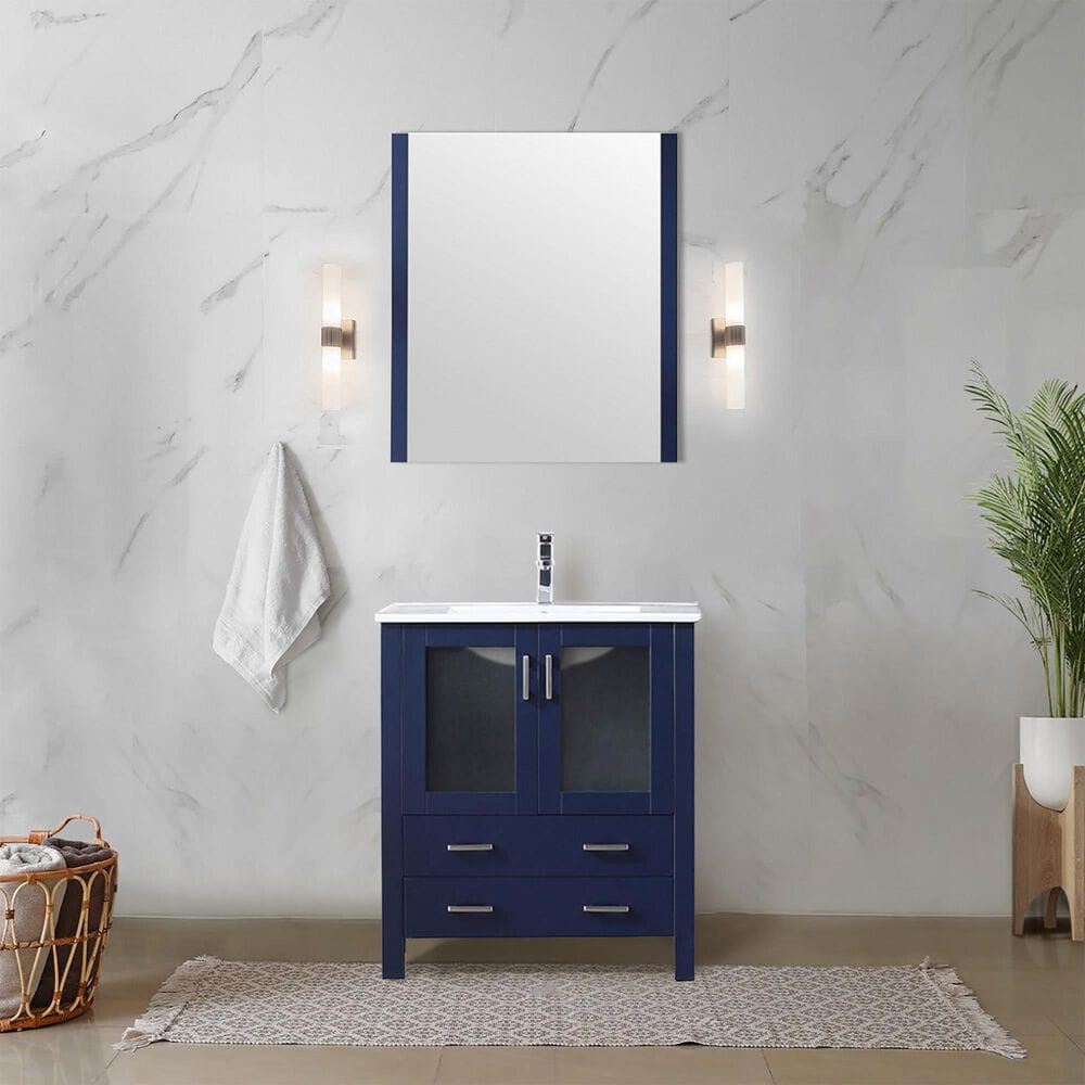Lexora Home Volez 30&quot; Single Bathroom Vanity in Navy Blue with 2 cm White Ceramic Top and Rectangular Sink, , large