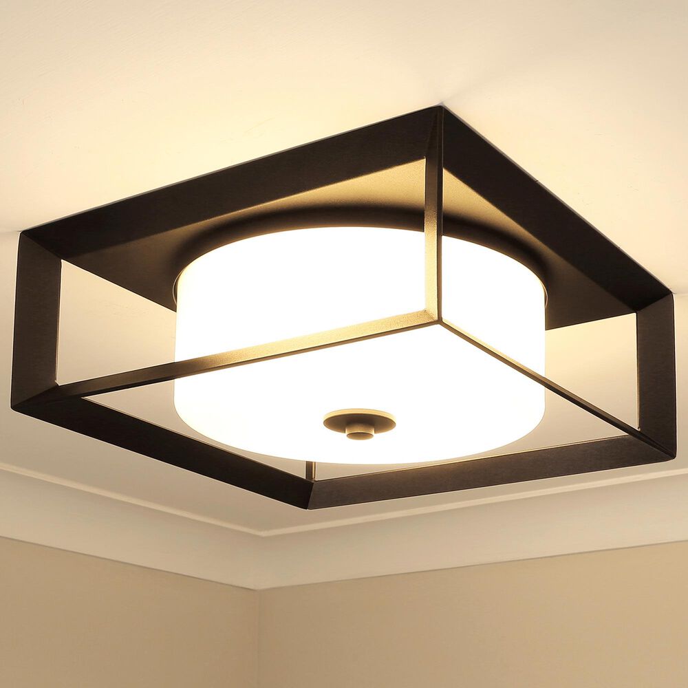 Golden Lighting Smyth 2-Light Outdoor Flush Mount with Opal Glass Shade in Natural Black, , large