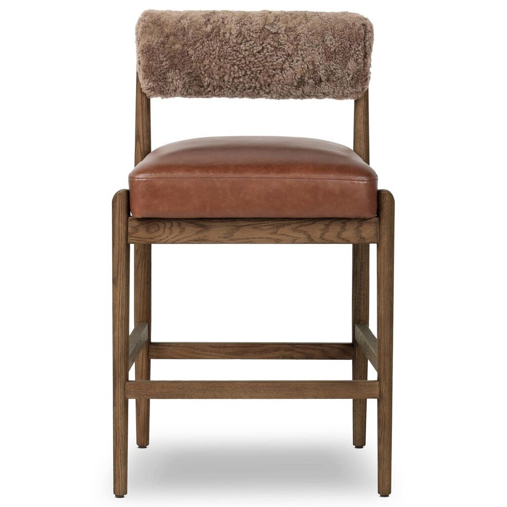 Four Hands Jazelle Counter Stool with Taupe Shearling Upholstery in Tan Oak, , large
