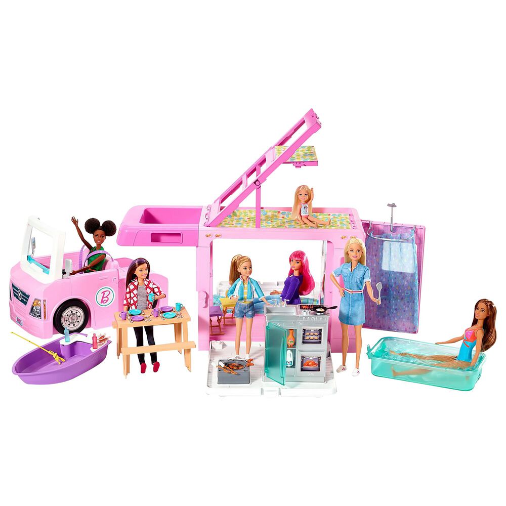 Barbie 3-in-1 DreamCamper Vehicle with Pool, Truck, Boat and 60 Accessories, , large