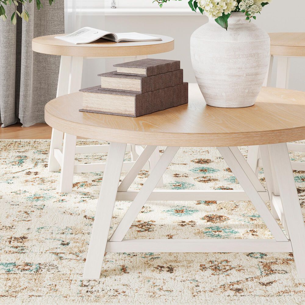 Ashley Fawndell 3-Piece Occasional Table Set in Antiqued White and Light Brown, , large