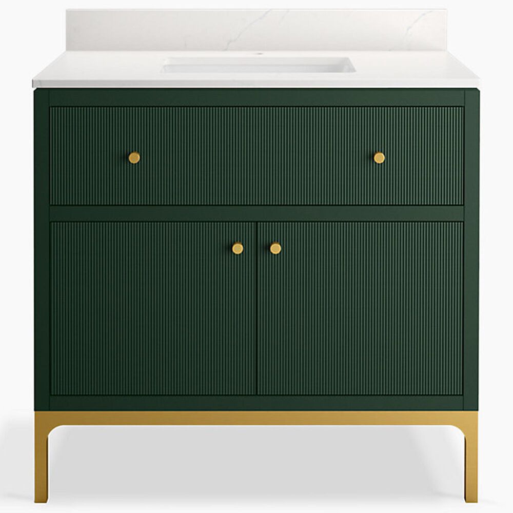 Kohler Calpa 36" Single Bathroom Vanity in Emerald Green with 2 cm White Quartz Top and Rectangular Sink, , large