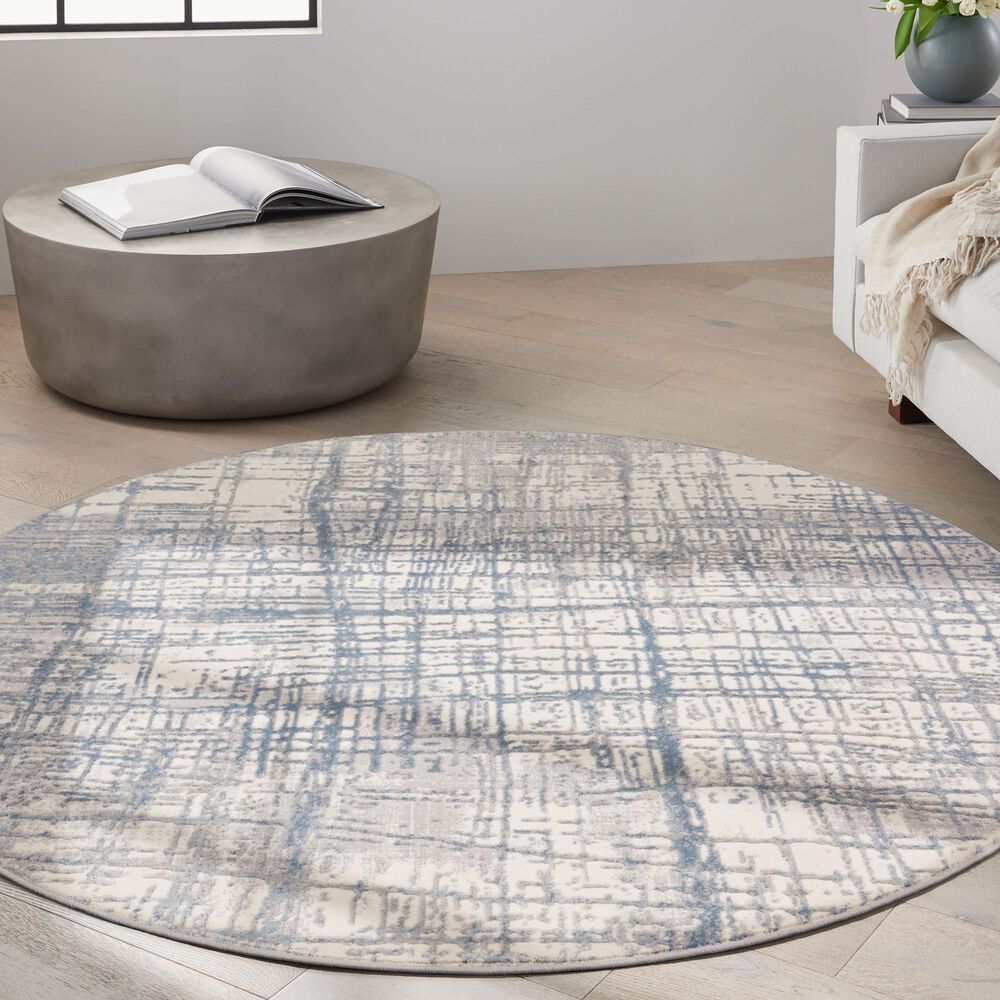 Nourison Rush 6&#39; Round Ivory and Blue Area Rug, , large
