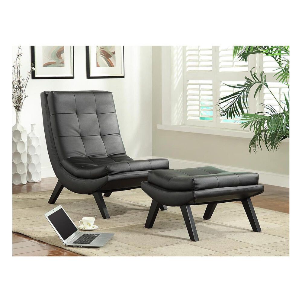 OSP Home Tustin Lounge Chair and Ottoman Set With Black Faux Leather Fabric & Black Legs, , large